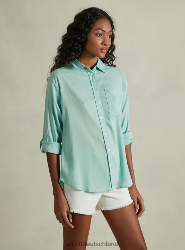 Kleidung de Alcott Frauen Hemd aus Leinenmischung mit Brusttasche ga3 Aqua grünes Licht 88J68R388