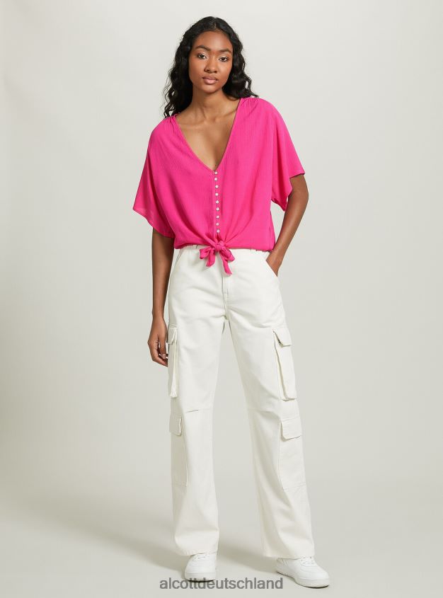 Kleidung de Alcott Frauen Hemd mit V-Ausschnitt und Taillenknoten wh2 weiß 88J68R328