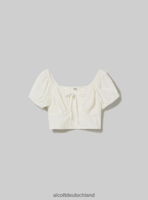 Kleidung de Alcott Frauen Kurze Bluse aus Sangallo-Spitze wh2 weiß 88J68R173