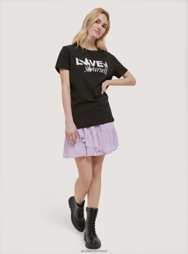 Kleidung de Alcott Frauen Baumwoll-T-Shirt mit Aufdruck Schwarz 88J68R196