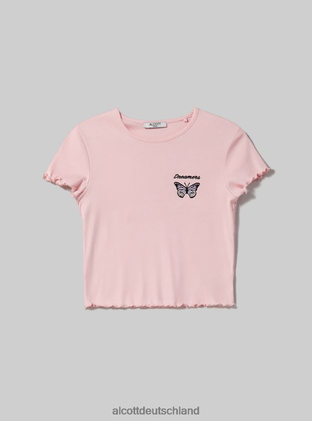 Kleidung de Alcott Frauen Baumwoll-T-Shirt mit Stickerei Weiß 88J68R56