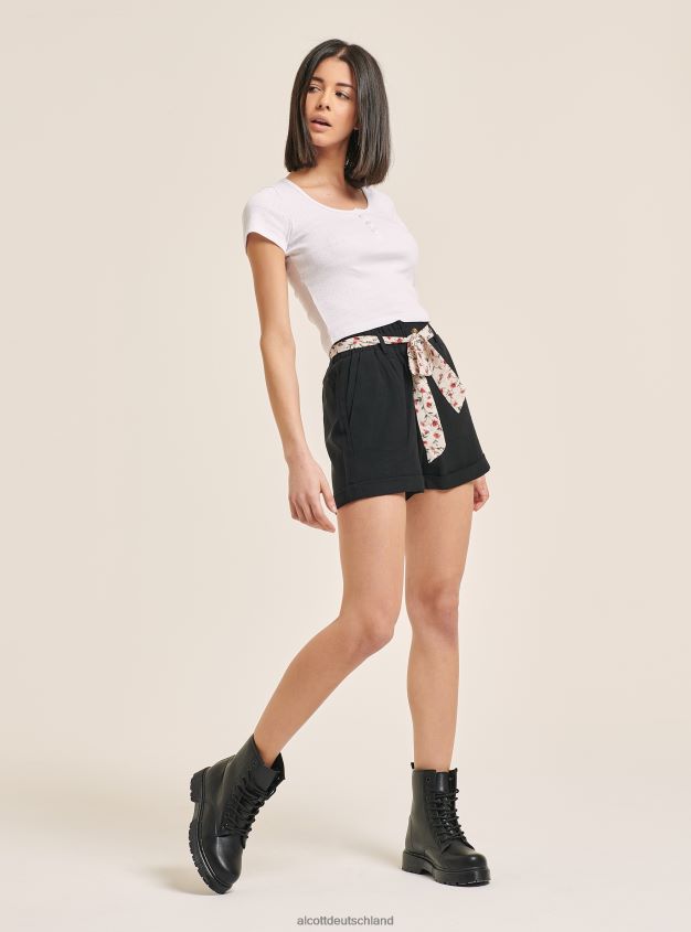 Kleidung de Alcott Frauen Kurz geschnittenes Baumwolloberteil mit Knöpfen Schwarz 88J68R215