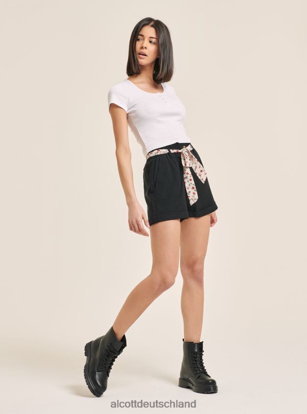 Kleidung de Alcott Frauen Kurz geschnittenes Baumwolloberteil mit Knöpfen Schwarz 88J68R215