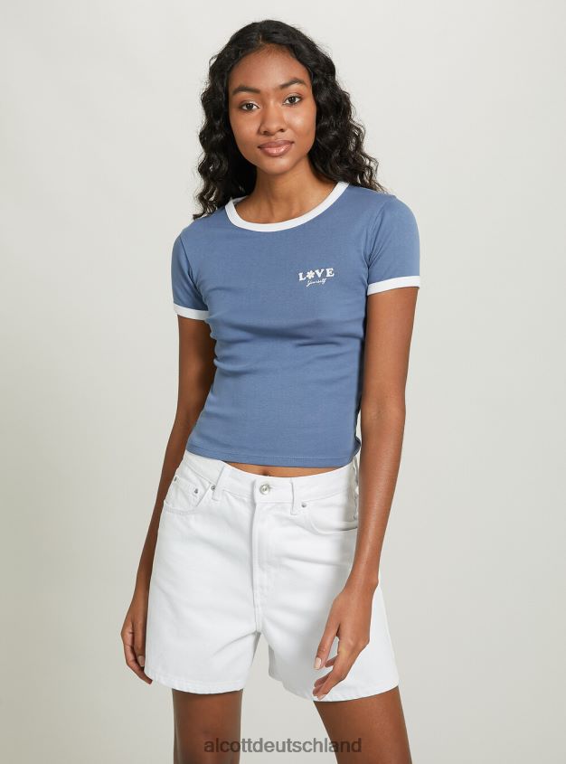 Kleidung de Alcott Frauen T-Shirt mit Aufdruck und kontrastierenden Paspeln c4546 lila 88J68R458