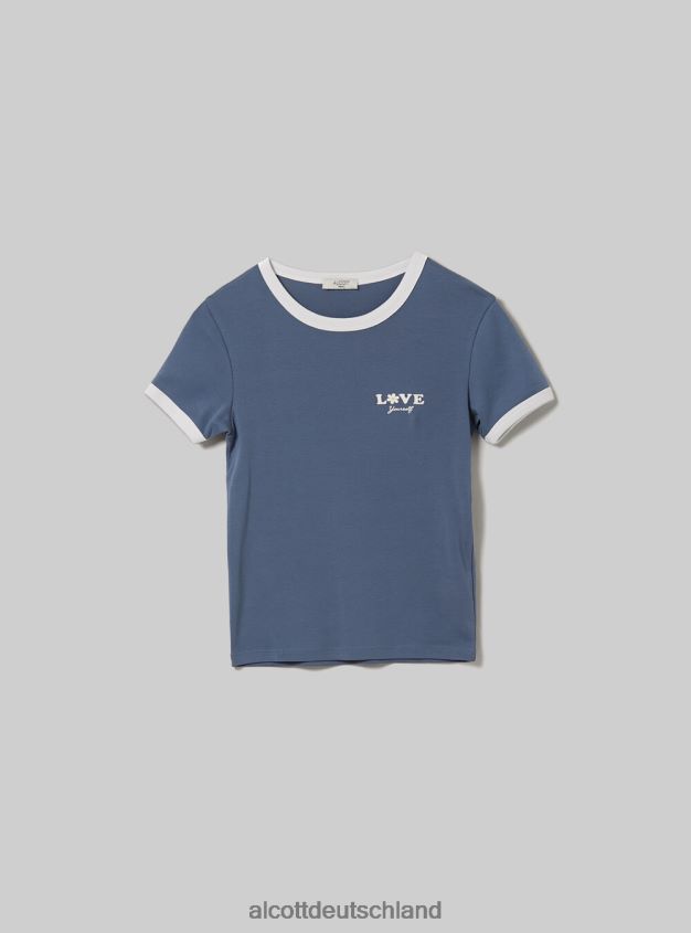 Kleidung de Alcott Frauen T-Shirt mit Aufdruck und kontrastierenden Paspeln c4546 lila 88J68R458