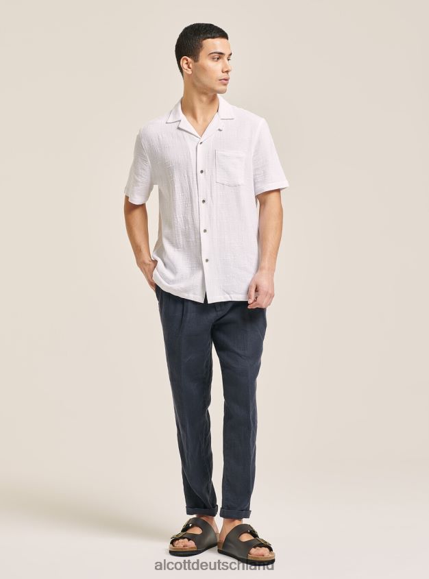 Kleidung de Alcott Männer Hemd aus Leinenmischung mit Brusttasche und Bowlingkragen Weiß 88J68R607