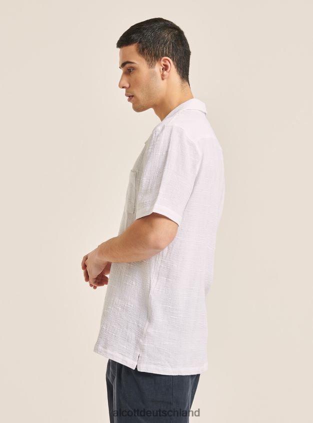 Kleidung de Alcott Männer Hemd aus Leinenmischung mit Brusttasche und Bowlingkragen Weiß 88J68R607