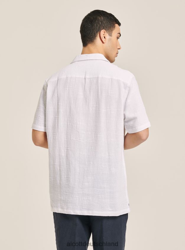 Kleidung de Alcott Männer Hemd aus Leinenmischung mit Brusttasche und Bowlingkragen Weiß 88J68R607