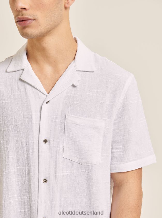 Kleidung de Alcott Männer Hemd aus Leinenmischung mit Brusttasche und Bowlingkragen Weiß 88J68R607