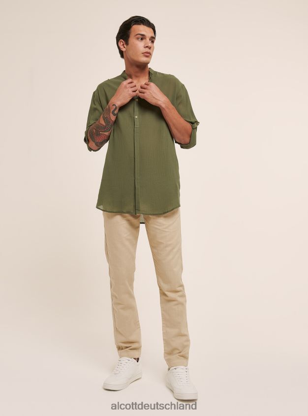 Kleidung de Alcott Männer Langärmliges Baumwollhemd mit koreanischem Kragen Weiß 88J68R927