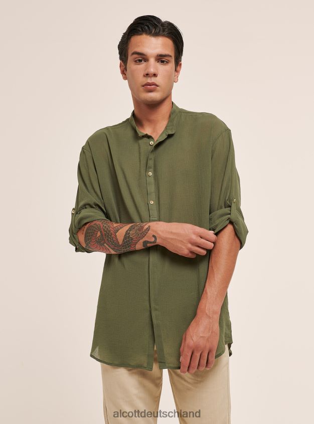 Kleidung de Alcott Männer Langärmliges Baumwollhemd mit koreanischem Kragen Weiß 88J68R927