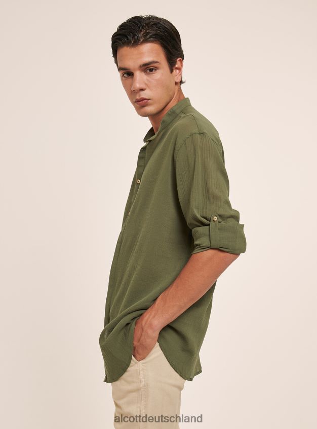 Kleidung de Alcott Männer Langärmliges Baumwollhemd mit koreanischem Kragen Weiß 88J68R927