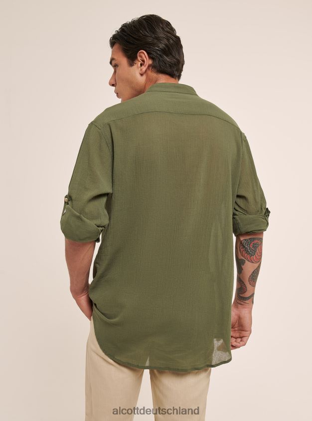 Kleidung de Alcott Männer Langärmliges Baumwollhemd mit koreanischem Kragen Weiß 88J68R927