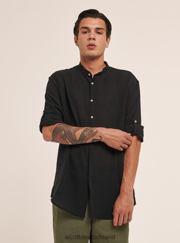 Kleidung de Alcott Männer Langärmliges Baumwollhemd mit koreanischem Kragen Weiß 88J68R931