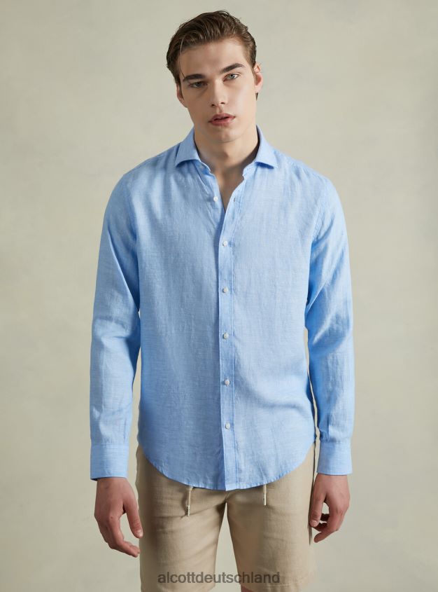Kleidung de Alcott Männer Langärmliges Hemd aus reinem Leinen az3 azurblaues Licht 88J68R625