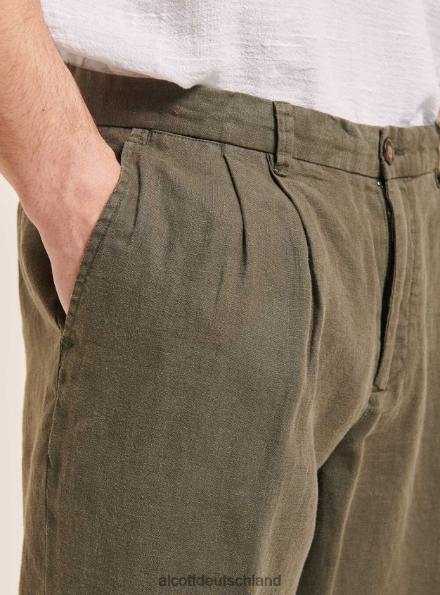Kleidung de Alcott Männer Hose aus reinem Leinen mit Bundfalten c6603 kaky 88J68R975