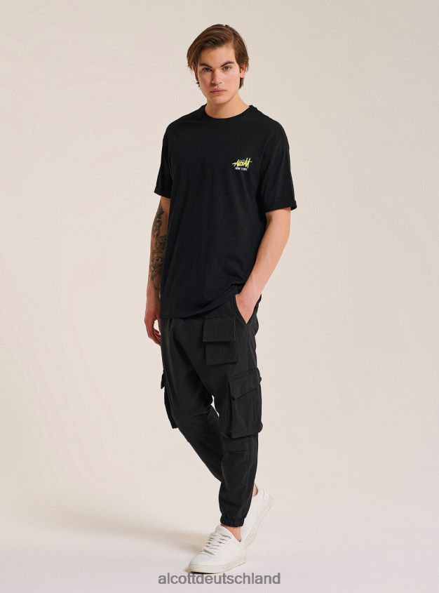 Kleidung de Alcott Männer T-Shirt mit kontrastierendem Frontdruck Schwarz 88J68R856