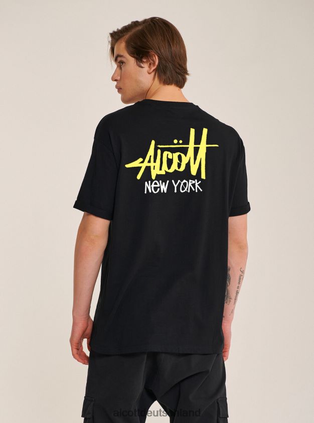 Kleidung de Alcott Männer T-Shirt mit kontrastierendem Frontdruck Schwarz 88J68R856