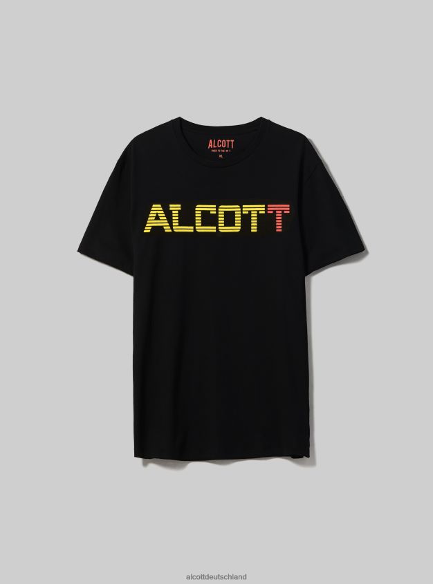 Kleidung de Alcott Männer Übergroßes T-Shirt aus Baumwolle mit Print Schwarz 88J68R1049