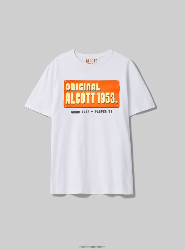 Kleidung de Alcott Männer Übergroßes T-Shirt aus Baumwolle mit Print Weiß 88J68R1050