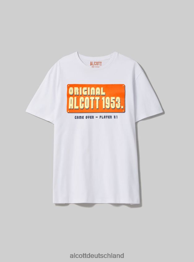 Kleidung de Alcott Männer Übergroßes T-Shirt aus Baumwolle mit Print Weiß 88J68R1050